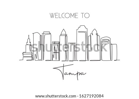 Single continuous line drawing of Tampa city skyline, USA. Famous city scraper and landscape. World travel concept home wall decor poster print art. Modern one line draw design vector illustration