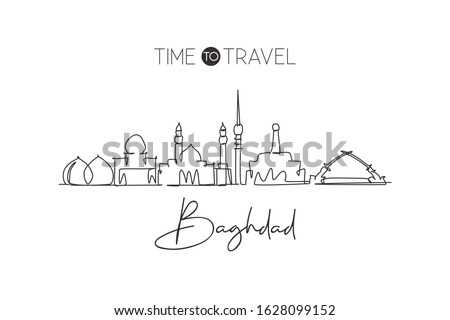 One continuous line drawing of Baghdad city skyline, Iraq. Beautiful city landmark. World landscape tourism and travel vacation. Editable stylish single line draw design vector graphic illustration