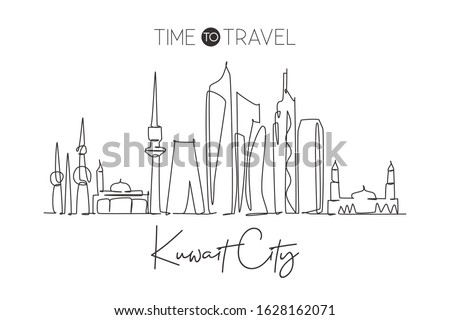 One continuous line drawing of Kuwait City skyline, Kuwait. Beautiful city landmark. World landscape tourism and travel vacation. Editable stylish stroke single line draw design vector illustration