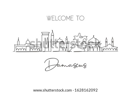 One continuous line drawing of Damascus city skyline, Syria. Beautiful city landmark. World landscape tourism and travel vacation. Editable stylish stroke single line draw design vector illustration