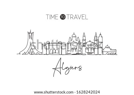 Single continuous line drawing of Algiers city skyline, Algeria. Famous city scraper landscape home wall decor poster print art. World travel concept. Modern one line draw design vector illustration