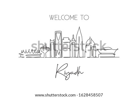 One continuous line drawing Riyadh city skyline, Saudi Arabia. Beautiful landmark postcard. World landscape tourism travel vacation. Editable stylish stroke single line draw design vector illustration