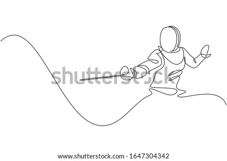 Single continuous line drawing of young professional fencer athlete woman in fencing mask and rapier. Competitive fighting sport competition concept. Trendy one line draw design vector illustration
