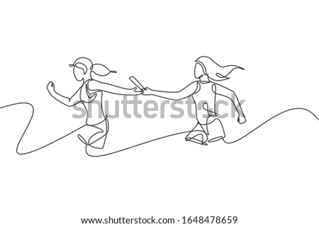 One single line drawing young happy runner women pass baton stick to her friend at race graphic vector illustration. Healthy lifestyle and competitive sport concept. Modern continuous line draw design