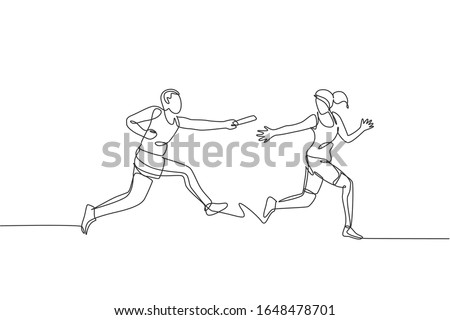 One continuous line drawing of young sporty runner man pass baton stick to his team mate. Healthy lifestyle and fun jogging sport concept. Dynamic single line draw design graphic vector illustration