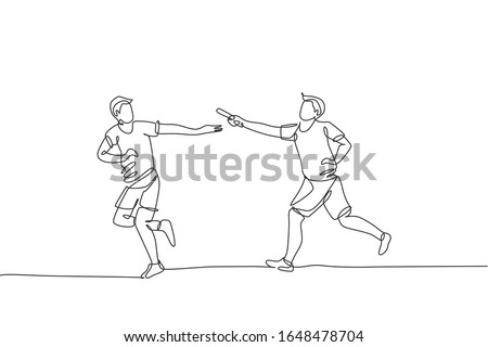 One single line drawing young happy runner man pass baton stick to his teammate at race vector graphic illustration. Healthy lifestyle and competitive sport concept. Modern continuous line draw design