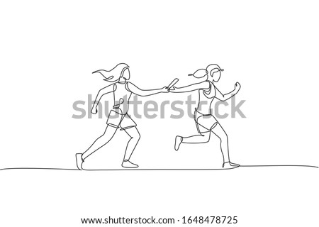 One continuous line drawing young sporty runner women pass baton stick at run race event. Healthy lifestyle and fun jogging sport concept. Dynamic single line draw design vector graphic illustration