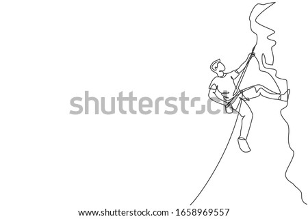 One single line drawing of young active man climbing on cliff mountain holding safety rope graphic vector illustration. Extreme outdoor sport and bouldering concept. Modern continuous line draw design