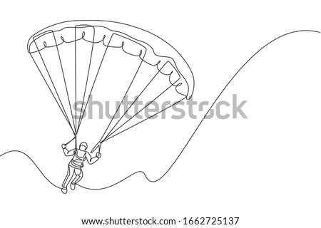 One continuous line drawing of young bravery man flying in the sky using paragliding parachute. Outdoor dangerous extreme sport concept. Dynamic single line draw design vector graphic illustration