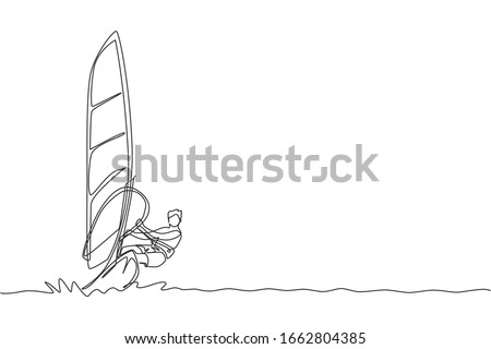 One continuous line drawing of young energetic man fun play windsurfing in the sea ocean. Healthy lifestyle sport concept. Happy tourist vacation. Dynamic single line draw design vector illustration