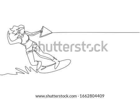 One continuous line drawing of young energetic woman fun play wakeboarding in sea ocean. Healthy lifestyle sport concept. Happy tourist vacation. Dynamic single line draw design vector illustration