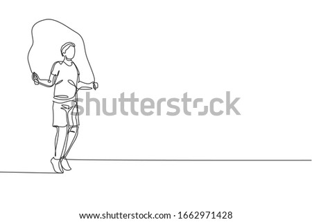 Single continuous line drawing of young happy man exercise jumping with skipping rope in sport center gym club. Sport training fitness concept. Trendy one line draw design graphic vector illustration