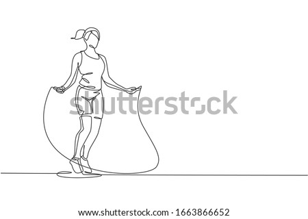 Single continuous line drawing young sportive woman train jumping with skipping rope in sport gymnasium club center. Fitness stretching concept. Trendy one line draw design vector illustration graphic