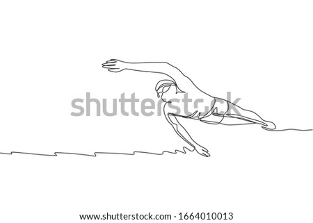 One continuous line drawing of young muscular professional swimmer man swimming in sport center. Healthy sport and fitness cardio exercise concept. Dynamic single line draw design vector illustration