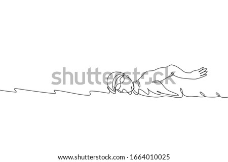 Single continuous line drawing of young happy professional swimmer man focus training in gym swimming pool center. Healthy lifestyle concept. Trendy one line draw graphic design vector illustration
