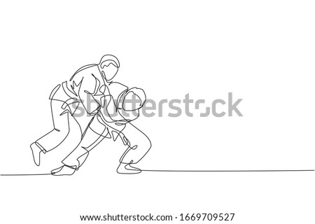 One single line drawing of two young energetic judokas fighter men focus battle fighting at gym center vector illustration. Martial art sport competition concept. Modern continuous line draw design