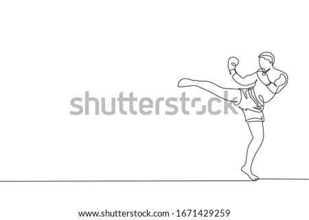 One continuous line drawing of young sporty man kickboxer athlete training powerful kick at gym center. Combative kickboxing sport concept. Dynamic single line draw design vector graphic illustration