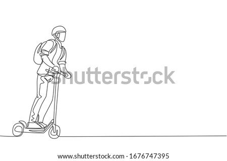 One continuous line drawing of young happy businessman ride electric scooter to go to company. Green transportation. Future urban lifestyle concept. Dynamic single line draw design vector illustration