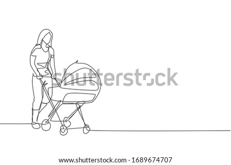 One continuous line drawing of young happy mother pushing baby trolley at outdoor park. Happy loving parenting family concept. Dynamic single line draw graphic design vector illustration