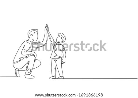 Single continuous line drawing of young dad giving high five gesture to son for success school achievement, parenthood time. Family parenting concept. Trendy one line draw design vector illustration ストックフォト © 