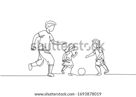 One single line drawing of young father run and play football soccer with his son and daughter at public park vector illustration. Happy family parenting concept. Modern continuous line draw design