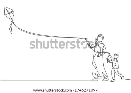 One continuous line drawing of young Arabian father and his son playing kite together at public park. Happy Islamic muslim parenting family concept. Dynamic single line draw design vector illustration