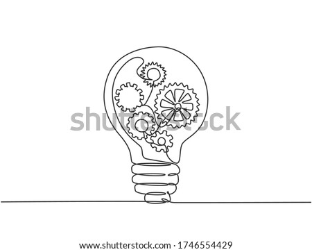 One single line drawing of lightbulb with metal gear wheel inside for machine company logo identity. Creative automotive workshop icon concept. Trendy continuous line draw design vector illustration