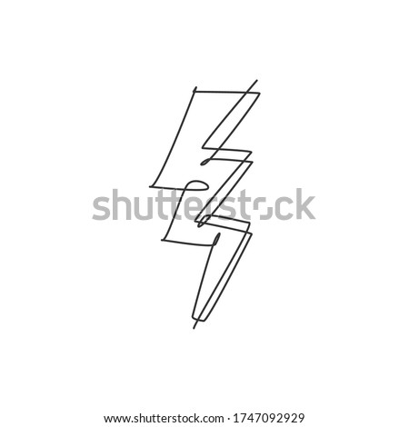 One continuous line drawing of thunder bolt light logo emblem. Power up electricity logotype icon template concept. Modern single line draw graphic design vector illustration