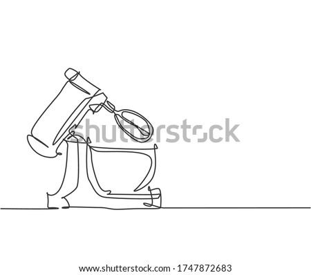 One continuous line drawing of electric stand mixer home appliance for making bakery batter. Electricity household gadget template concept. Trendy single line draw design vector graphic illustration