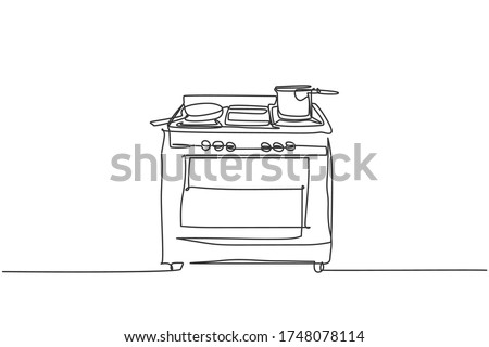 One single line drawing of gas stove with oven home appliance. Electricity household kitchenware tools concept. Dynamic continuous line draw design graphic vector illustration