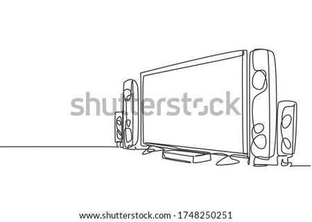 Single continuous line drawing of luxury expensive home theater with great speaker sound system. Electronic living room home appliance concept. Modern one line draw design graphic vector illustration