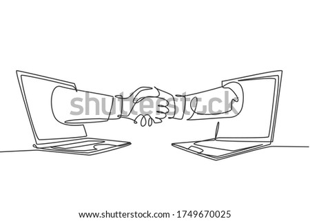 Continuous line drawing of business men shaking hand to deal a project. Hand come out from laptop screen. Digital online transaction concept. One line drawing graphic design, vector illustration