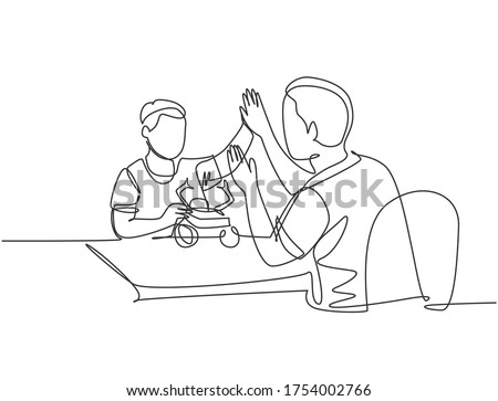 Single line drawing of of father accompany his kid playing a robot action figure model kit and gives high five gesture. Parenting concept continuous line draw design graphic vector illustration