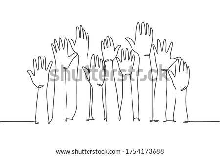 One single line drawing of group of people open up and raising their hands up into the air. Business team work concept. Modern continuous line draw design graphic vector illustration