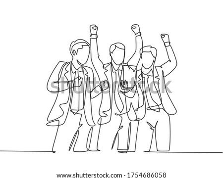 One continuous line drawing of young startup founders and CEO raised their fist into the air to celebrate their success got fund from investor. Business concept single line draw design illustration