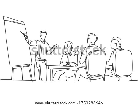 One continuous line drawing of happy trainer teaching lifeskill and interpersonal skill lessons to the young CEOs. Business training and meeting concept single line draw design vector illustration