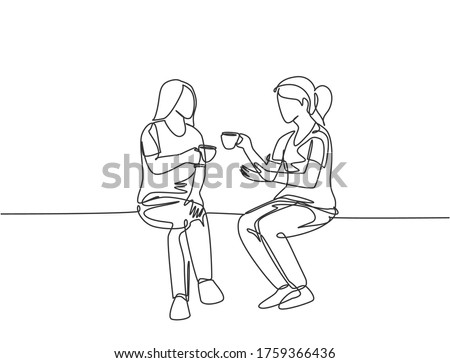 Single continuous line drawing of two young female worker have a casual chat over drink coffee during office break. Having small talk at work concept one line draw graphic design vector illustration ストックフォト © 