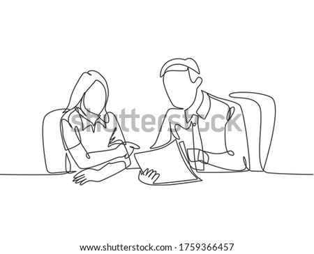 One single line drawing of two young male and female worker holding a paper and discussing about work together at the office. Job discussion concept continuous line draw design vector illustration