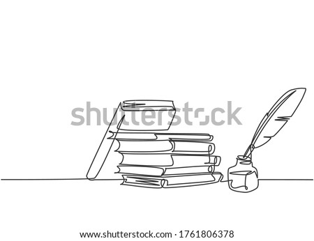 Single continuous line drawing of stack of books, ink and quill pen on the office desk. Old antique writing equipment concept. Modern one line draw design vector graphic illustration