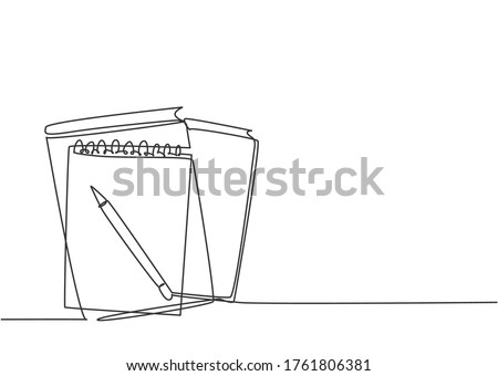 Single continuous line drawing of notebook or notepad with a pencil above work desk. Writing business draft on office notes concept. Trendy one line draw design vector graphic illustration