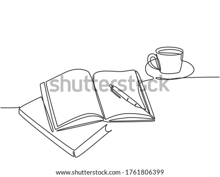 Single continuous line drawing of hand gesture writing on an open book beside a cup of coffee at work desk. Writing draft business concept. Modern one line draw design vector graphic illustration