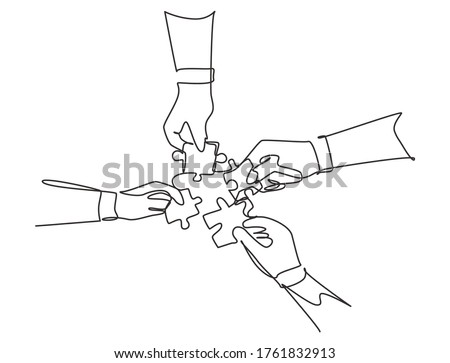 Single continuous line drawing of business team members unite puzzle pieces together to one as team building symbol. Employee teamwork concept. Trendy one line draw design vector graphic illustration 
