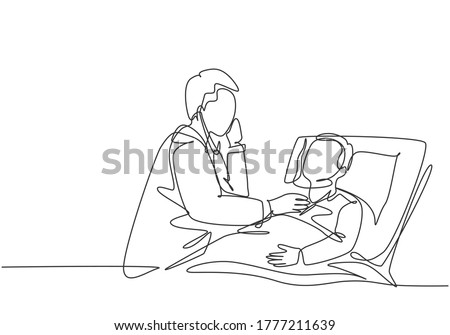 One single line drawing of young male doctor examining patient health condition and checking his pulse rate. Medical health care treatment concept continuous line draw design vector illustration