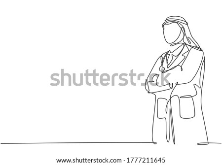 One single line drawing of young muslim Arabian doctor pose standing and put the hands cross in front of his chest. Medical health care service concept continuous line draw design vector illustration