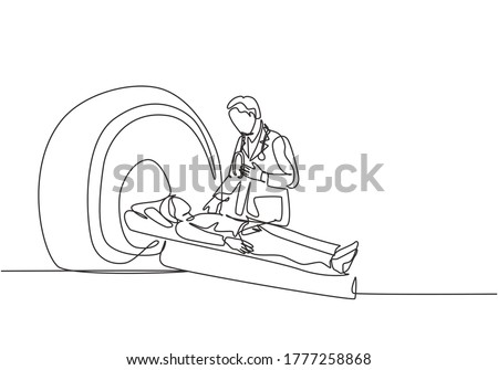 One continuous line drawing of young male doctor do MRI procedure to CT scanning male cancer patient. Medical treatment service concept single line draw design vector illustration