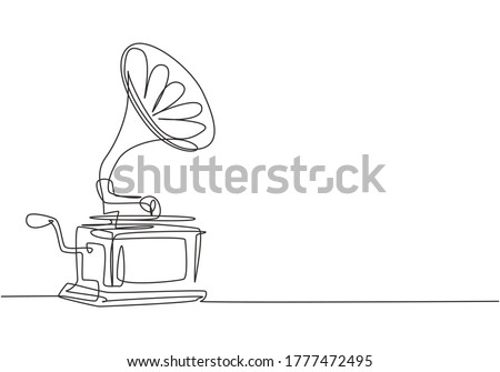 One continuous line drawing of old retro analog gramophone with vinyl desk. Antique vintage music player concept. Musical instrument single graphic line draw design vector illustration