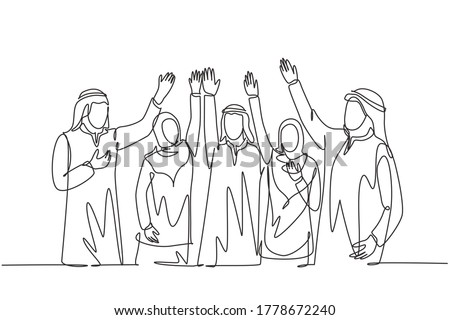 Single continuous line drawing of young muslim business man raising hands to the air together. Arab middle east businessmen with shmagh, kandura, robe cloth. One line draw design vector illustrationSi