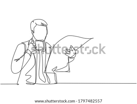 One continuous line drawing of young happy business man holding coffee mug while reading tabloid headline news at hotel lobby. Drinking tea concept single line sign draw design vector illustration