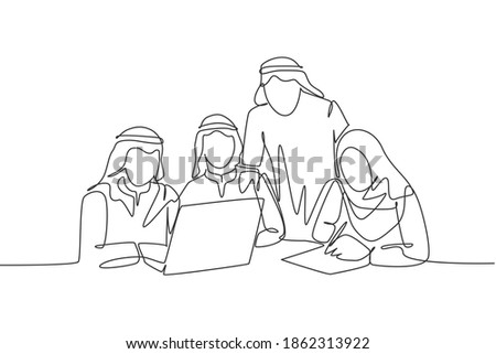 One continuous line drawing of young muslim startup team members serious discussing marketing strategy. Islamic clothing shemag, kandura, scarf hijab, veil. Single line draw design vector illustration