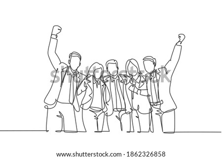 Single continuous line drawing of young happy male and female managers celebrating their job promotion together. Business teamwork celebration concept one line draw design graphic vector illustration
